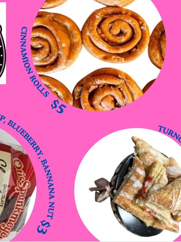 Octeen bakery flyer: Cinnamon Rolls $5, muffins (chocolate chip, blueberry, banana nut) $3, and turnovers